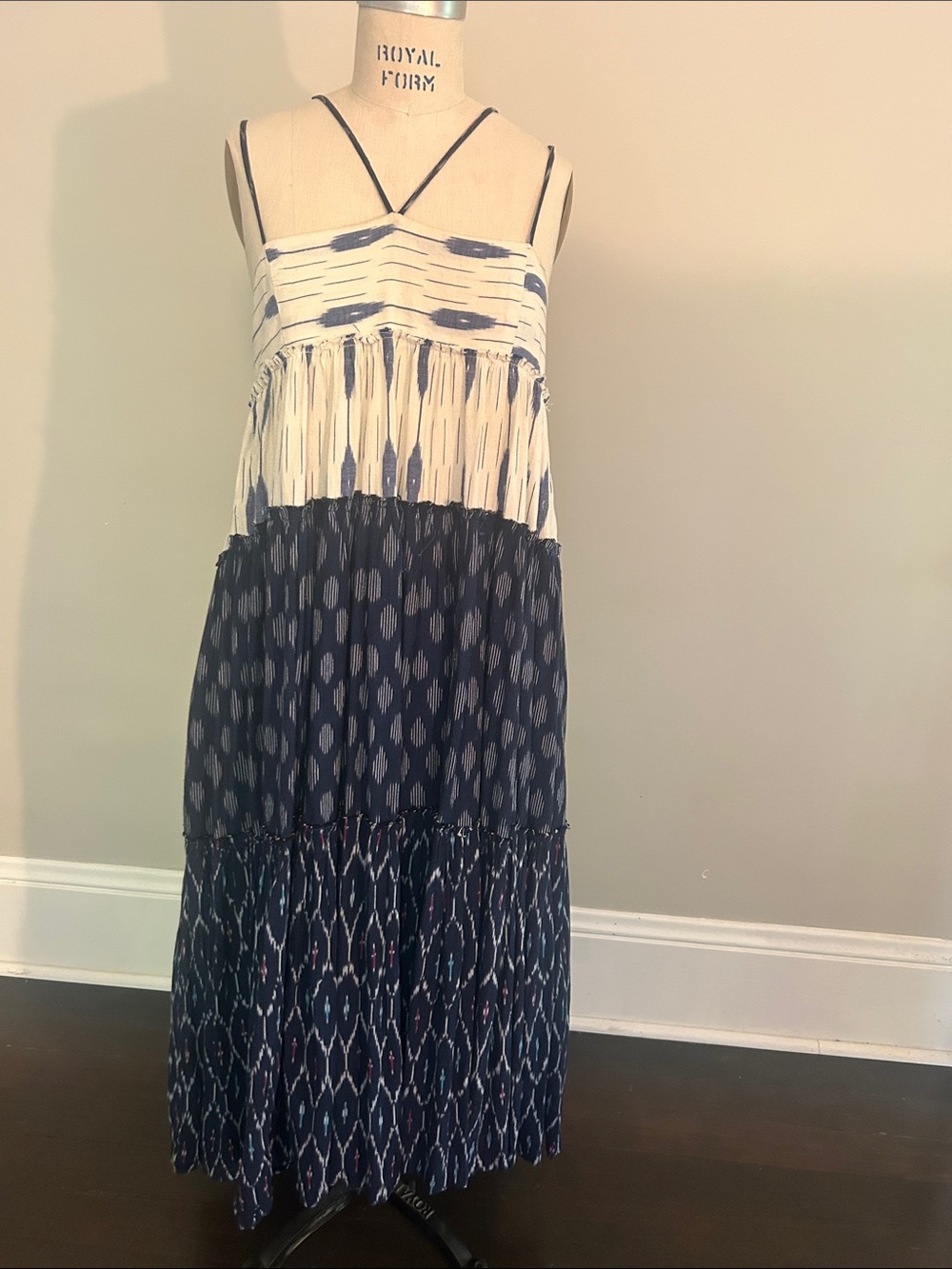 Free People Navy and White Tiered Maxi Dress
